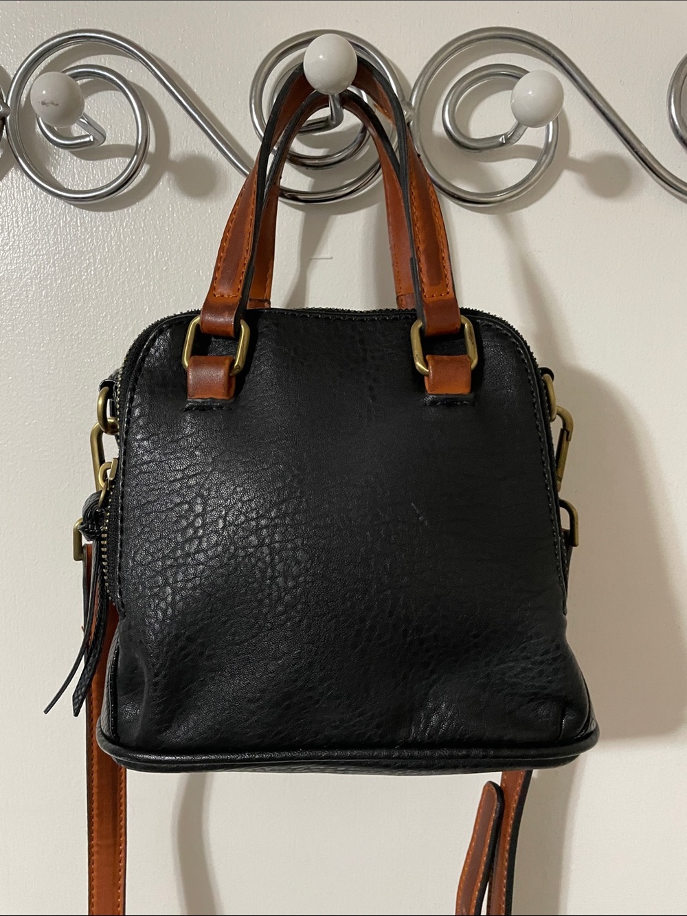 Free People Black Crossbody Bag with Brown Leather Handles & Strap